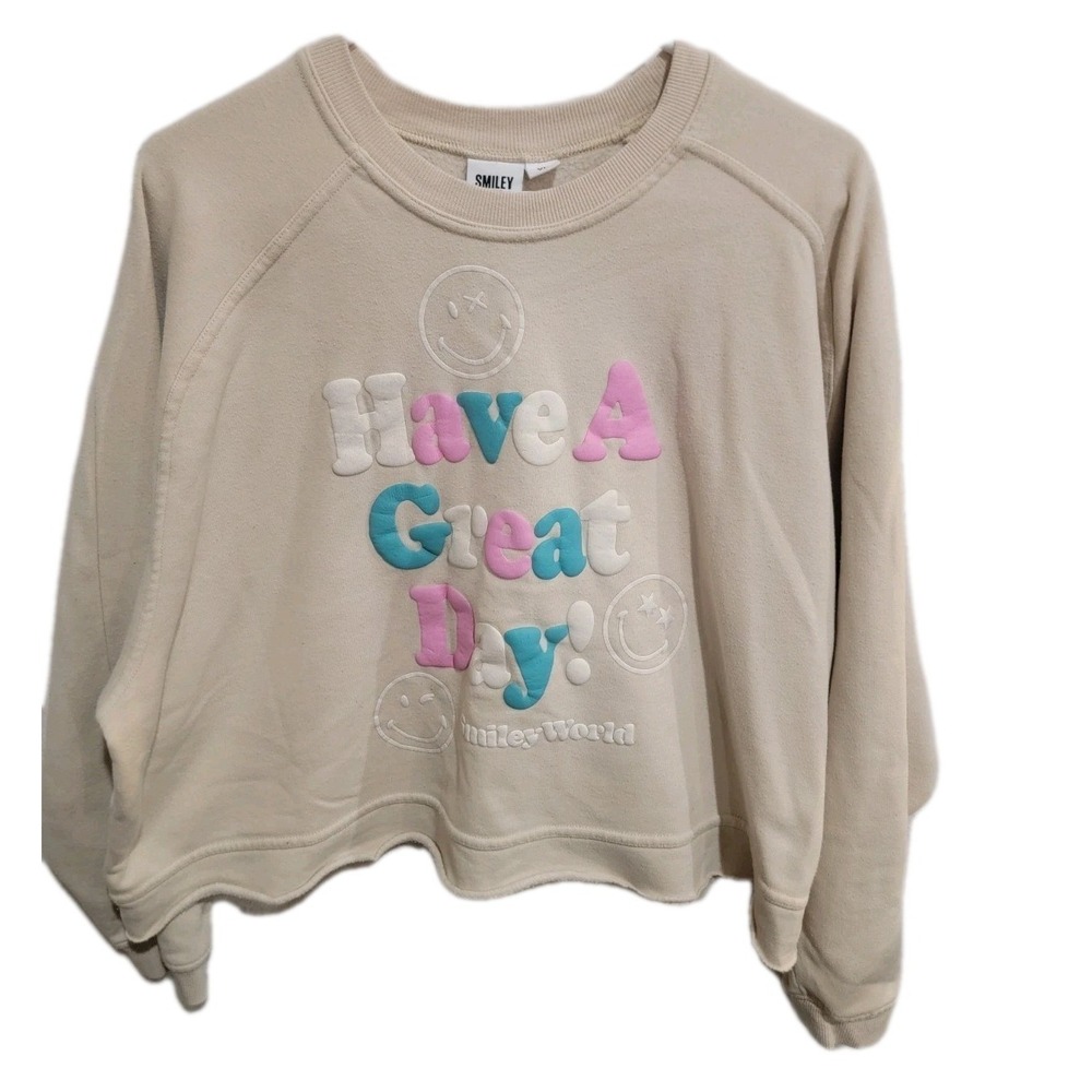 SmileyWorld Have A Great Day Sweatshirt XL Beige Raw Hem Puff Print Cropped Boho
